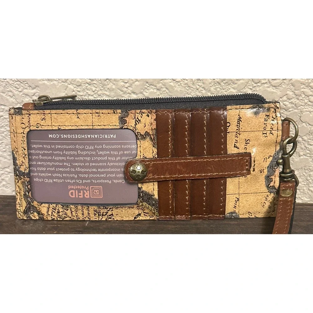 Patricia Nash Vintage Map Leather RFID Card Case Wristlet Wallet Brown Tan
